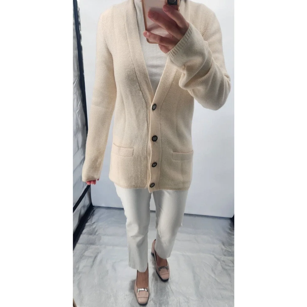 Tory Burch 100% Cashmere Logo Button Cardigan Size S Ivory #1K452